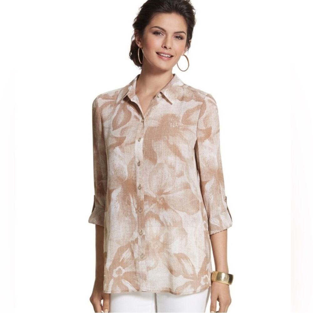 Chico’s Women’s Fefe Floral Button Shirt Size Medium Chicos Size 1 Floral Sheer